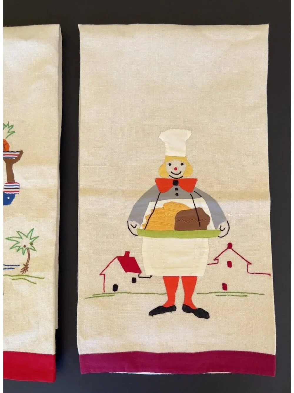 Vintage Jamaican Allsides Workroom Applique Linen Tea Towels Pair Folk Art Set